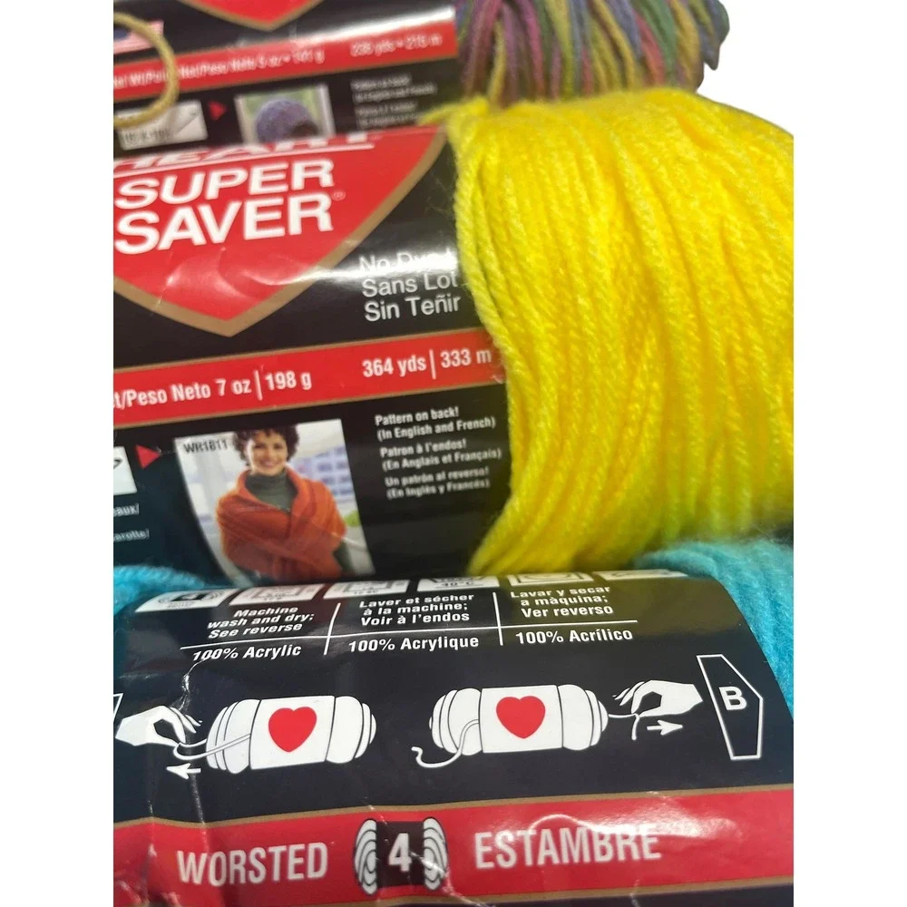 Red Heart Super Saver Yarn Lot 5 Skeins Worsted Multi Color Blue Yellow Purple
